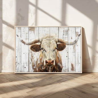 71551-MGV-CV-36X24-Longhorn Bull Wall Art – Rustic Western Cow Canvas Print, Farmhouse Animal Painting with Wood Plank Style for Living Room, Office