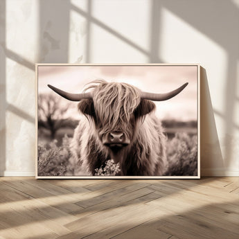 55903-MGV-CV-36X24-Highland Cow Wall Art – Rustic Sepia Scottish Highland Bull Canvas Print, Farmhouse Country Animal Decor for Living Room, Bedroom