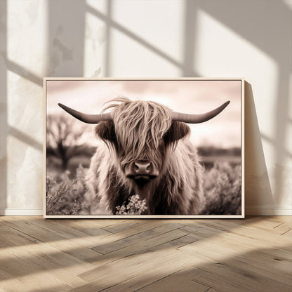 55903-MGV-CV-36X24-Highland Cow Wall Art – Rustic Sepia Scottish Highland Bull Canvas Print, Farmhouse Country Animal Decor for Living Room, Bedroom