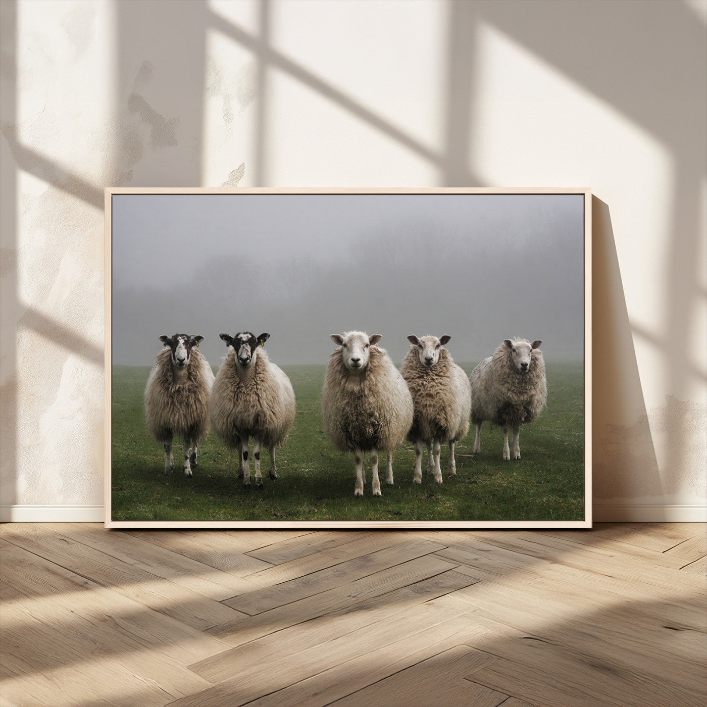 87339-MGV-CV-36X24-Sheep Wall Art – Rustic Farmhouse Canvas Print Flock Standing Misty Field Countryside Photography, Country Animal Decor for Living