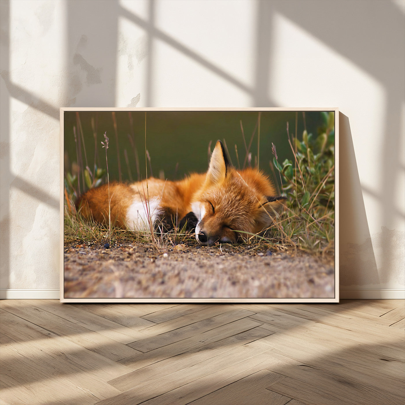 25085-MGV-CV-36X24-Sleeping Fox Wall Art Canvas Print, Framed Rustic Fox Art Picture Print, Wildlife Animal Perfect Rustic Farmhouse Decor Artwork