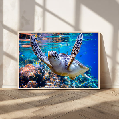 12683-MGV-CV-36X24-Sea Turtle Wall Art – Graceful Ocean Canvas Print with Coral Reef and Tropical Fish, Coastal Marine Life Decor for Beach House,