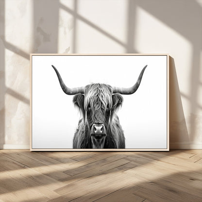 49556-MGV-CV-36X24-Highland Cow Wall Art – Black and White Scottish Highland Cattle Print, Rustic Farmhouse Minimalist Animal Portrait Canvas for