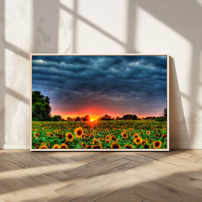 45045-MGV-CV-36X24-Sunflower Field Sunset Wall Art – Dramatic Stormy Sky Landscape Print, Vibrant Yellow Floral Nature Canvas for Living Room,