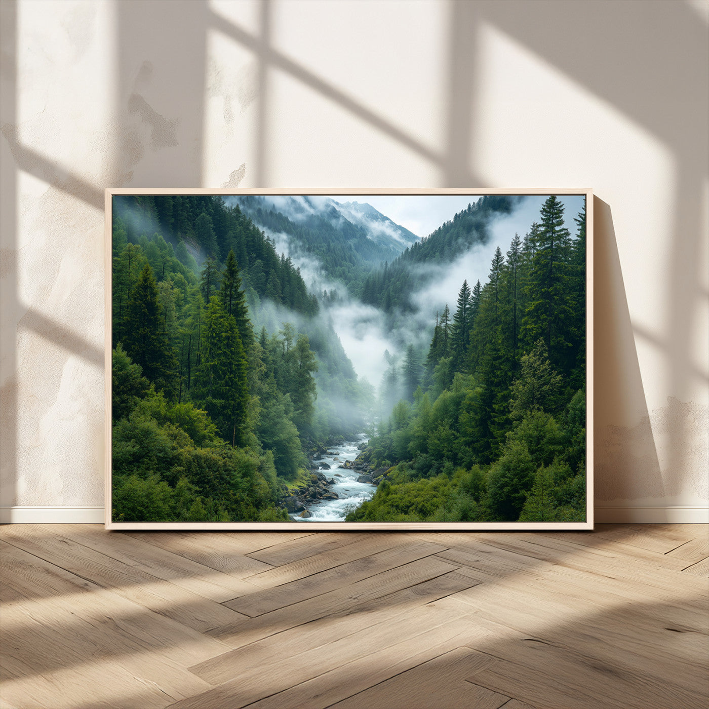 69453-MGV-CV-36X24-Mountain Forest Wall Art – Misty River and Evergreen Landscape Canvas Print, Nature Photography Poster for Living Room, Bedroom,