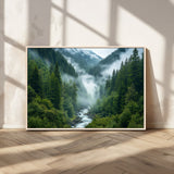 69453-MGV-CV-36X24-Mountain Forest Wall Art – Misty River and Evergreen Landscape Canvas Print, Nature Photography Poster for Living Room, Bedroom,