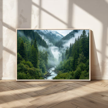 69453-MGV-CV-36X24-Mountain Forest Wall Art – Misty River and Evergreen Landscape Canvas Print, Nature Photography Poster for Living Room, Bedroom,