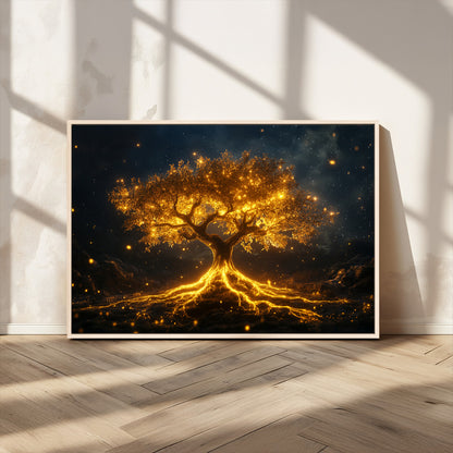 60194-MGV-CV-36X24-Glowing Tree Wall Art – Golden Roots Fantasy Canvas Print, Mystical Illuminated Tree Painting Poster for Living Room, Bedroom,