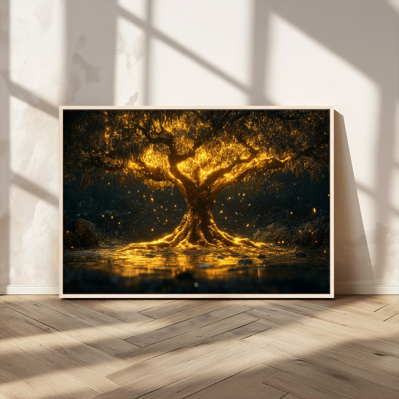 59580-MGV-CV-36X24-Glowing Tree Wall Art – Golden Fantasy Nature Canvas Print, Mystical Illuminated Tree Painting Poster for Living Room, Bedroom,