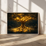 59580-MGV-CV-36X24-Glowing Tree Wall Art – Golden Fantasy Nature Canvas Print, Mystical Illuminated Tree Painting Poster for Living Room, Bedroom,