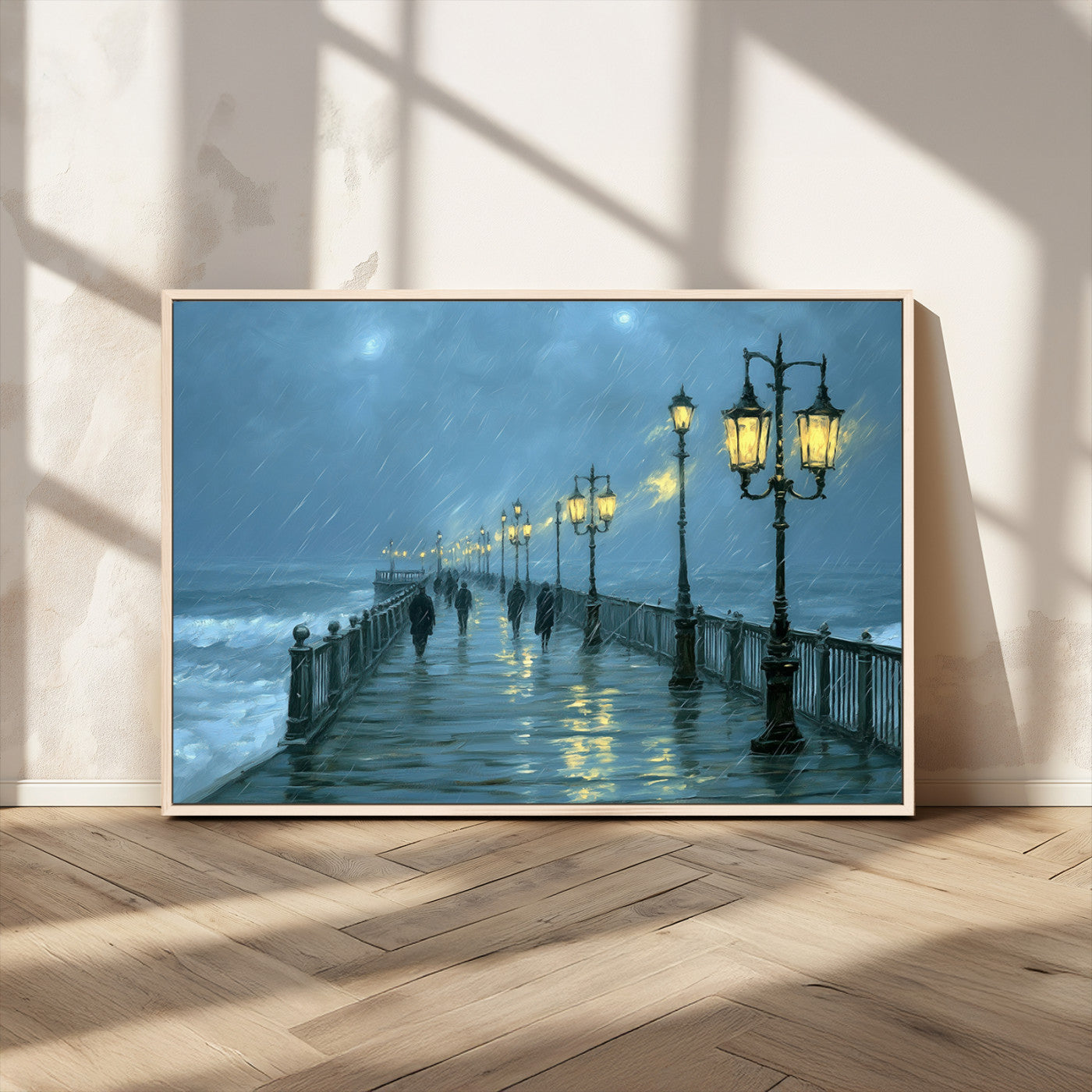 79606-MGV-CV-36X24-Rainy Pier Night Wall Art – Ocean Waves and Street Lamps Canvas Print, Moody Seascape Oil Painting Poster for Living Room,