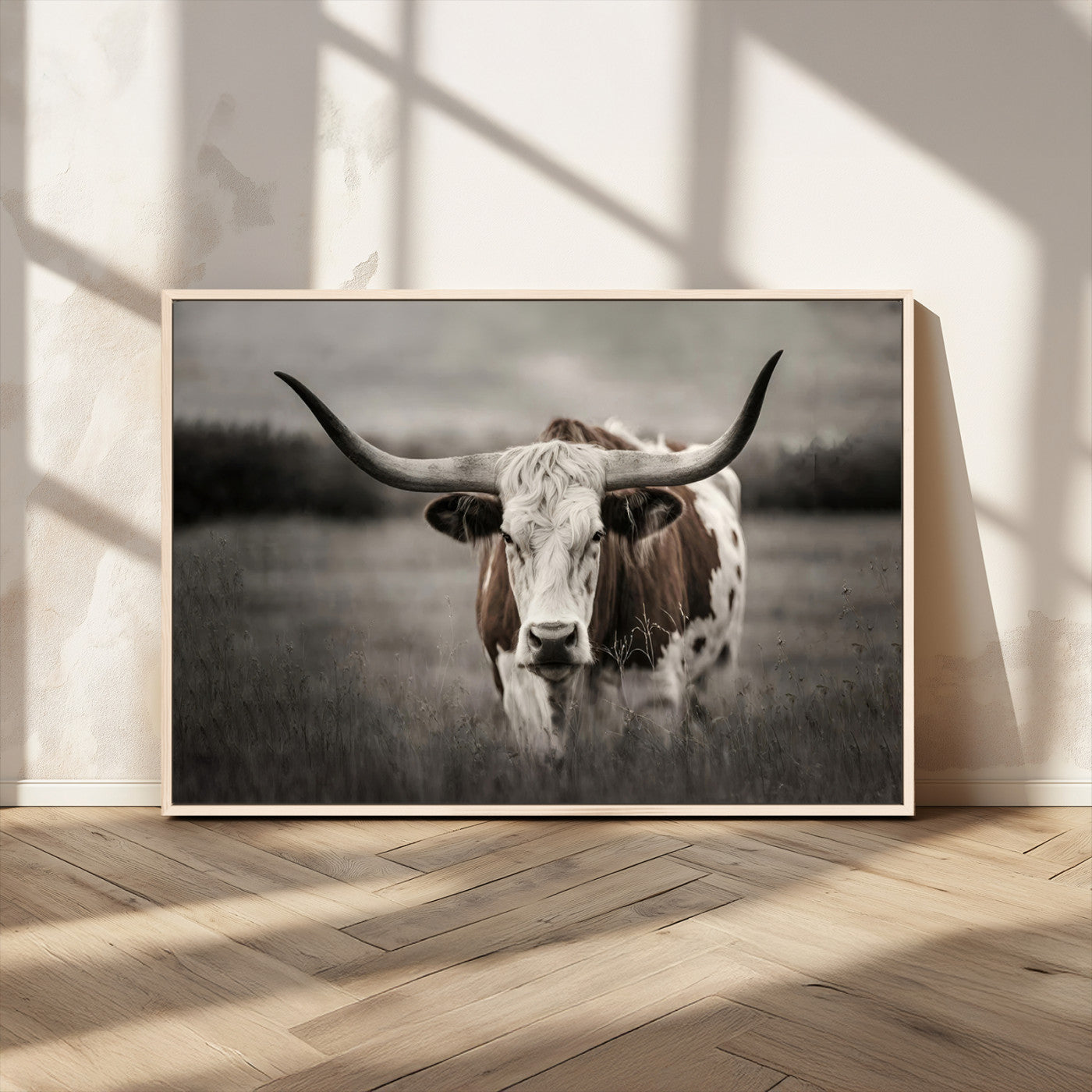 69238-MGV-CV-36X24-Longhorn Bull Wall Art – Rustic Black and White Texas Cattle Canvas Print, Western Farmhouse Animal Photography for Living Room,