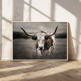69238-MGV-CV-36X24-Longhorn Bull Wall Art – Rustic Black and White Texas Cattle Canvas Print, Western Farmhouse Animal Photography for Living Room,