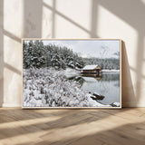 29975-MGV-CV-36X24-Winter Cabin by the Lake Wall Art – Snowy Mountain Landscape Canvas Print, Rustic Lodge Cabin Decor for Cozy Living Room, Bedroom