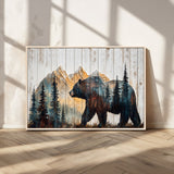 90077-MGV-CV-36X24-Wood Grizzly Bear Wall Art Canvas Print, Framed Abstract Bear Art Picture Print, Bear in Forest Perfect Rustic Lodge Decor Artwork