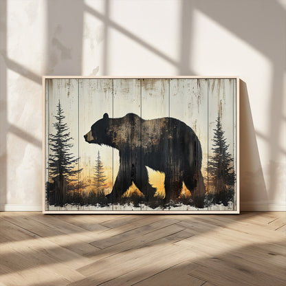 83875-MGV-CV-36X24-Sunset Bear Wall Art – Rustic Wildlife Canvas Print with Forest Silhouette, Cabin Lodge Decor for Living Room or Office