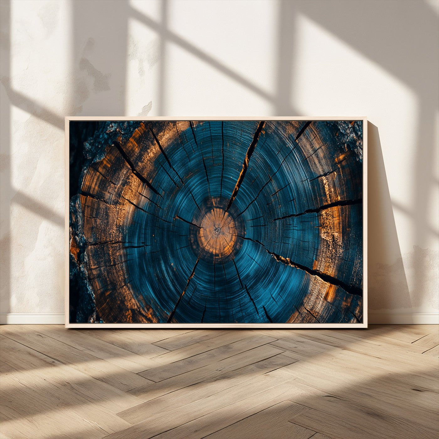 65231-MGV-CV-36X24-Blue and Gold Tree Ring Wall Art – Rustic Abstract Wood Slice Canvas Print, Modern Nature Inspired Artwork for Living Room,
