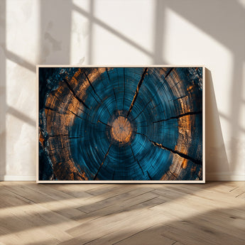 65231-MGV-CV-36X24-Blue and Gold Tree Ring Wall Art – Rustic Abstract Wood Slice Canvas Print, Modern Nature Inspired Artwork for Living Room,