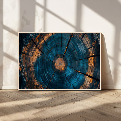 65231-MGV-CV-36X24-Blue and Gold Tree Ring Wall Art – Rustic Abstract Wood Slice Canvas Print, Modern Nature Inspired Artwork for Living Room,