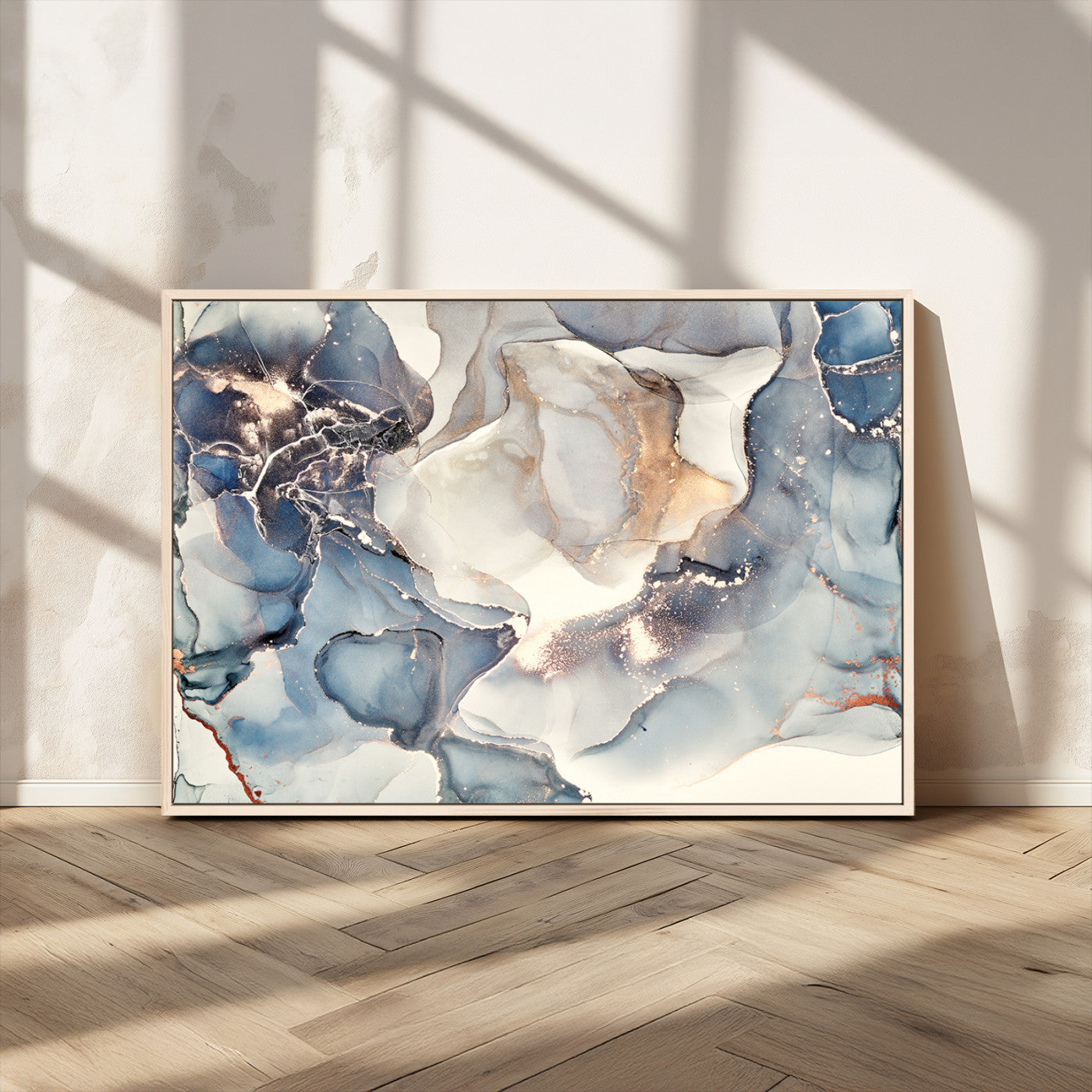 51497-MGV-CV-36X24-Abstract Blue and Gold Wall Art – Modern Fluid Ink Style Canvas Print, Elegant Contemporary Decor for Living Room, Office