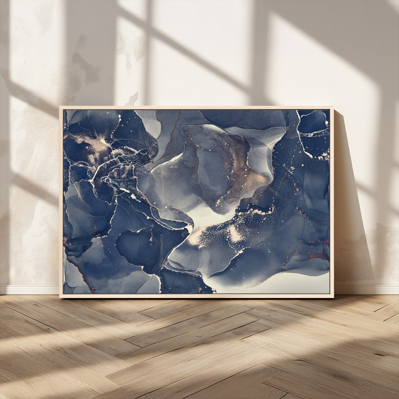 28282-MGV-CV-36X24-Blue Abstract Wall Art – Modern Ink Swirl Canvas Print, Contemporary Navy and Gold Painting for Living Room, Bedroom, Office or