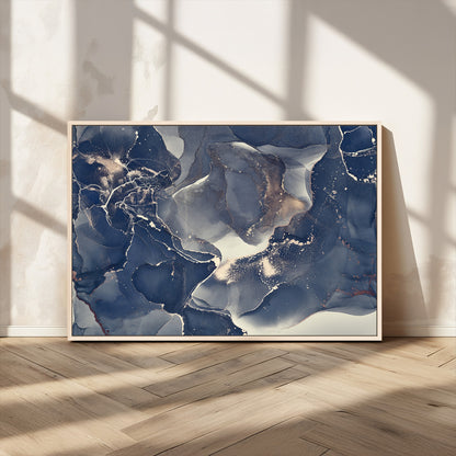 28282-MGV-CV-36X24-Blue Abstract Wall Art – Modern Ink Swirl Canvas Print, Contemporary Navy and Gold Painting for Living Room, Bedroom, Office or