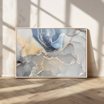 18176-MGV-CV-36X24-Abstract Fluid Wall Art – Modern Marble Ink Canvas Print with Blue, Gold, and Gray Tones, Contemporary Minimal Artwork Decor for