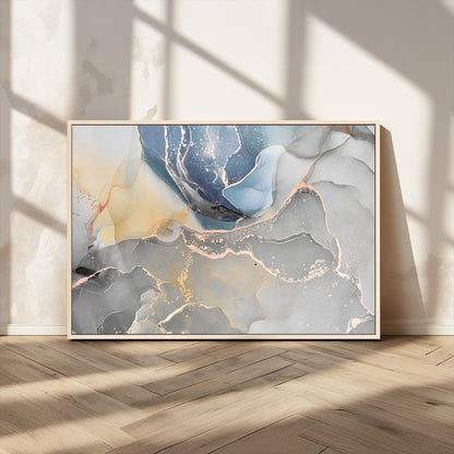 18176-MGV-CV-36X24-Abstract Fluid Wall Art – Modern Marble Ink Canvas Print with Blue, Gold, and Gray Tones, Contemporary Minimal Artwork Decor for