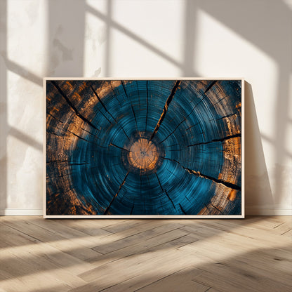 13398-MGV-CV-36X24-Tree Ring Wall Art – Abstract Wood Grain Canvas Print with Blue and Orange Accents, Rustic Nature Inspired Artwork for Living