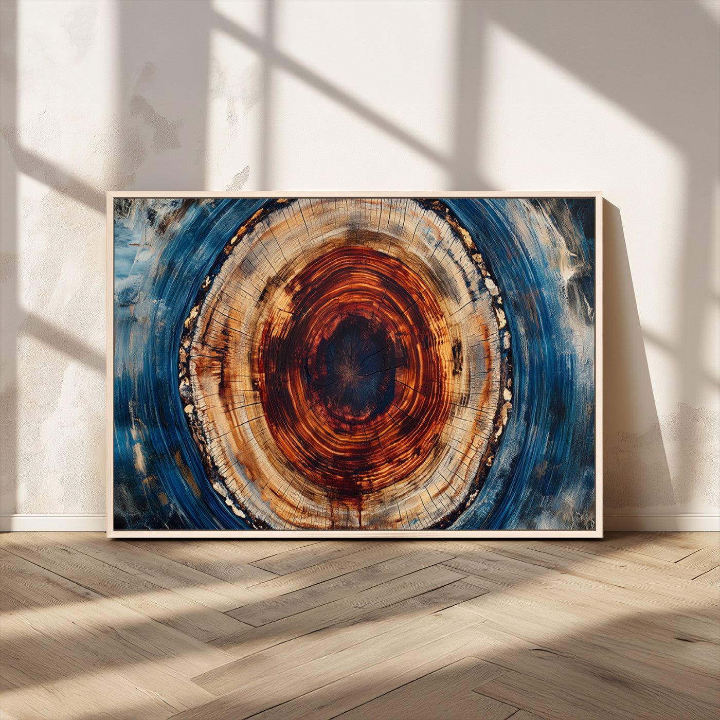 90395-MGV-CV-36X24-Tree Ring Wall Art – Abstract Wood Grain Canvas Print with Fiery Red and Blue Tones, Bold Rustic Nature Inspired Artwork Decor for