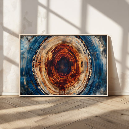 90395-MGV-CV-36X24-Tree Ring Wall Art – Abstract Wood Grain Canvas Print with Fiery Red and Blue Tones, Bold Rustic Nature Inspired Artwork Decor for