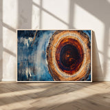 48045-MGV-FC-36X24_Natural-Tree Ring Abstract Wall Art – Rustic Wood Grain Canvas Print with Brown Center and Blue Brush Strokes, Nature Inspired Artwork for