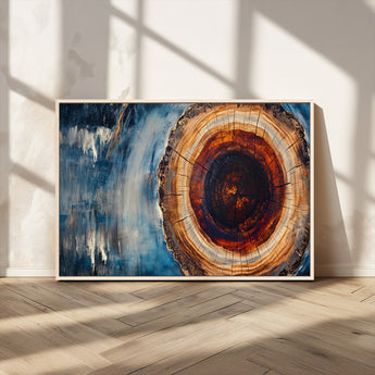 48045-MGV-FC-36X24_Natural-Tree Ring Abstract Wall Art – Rustic Wood Grain Canvas Print with Brown Center and Blue Brush Strokes, Nature Inspired Artwork for