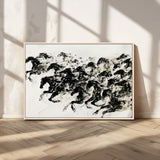 23069-MGV-CV-36X24-Galloping Horses Wall Art – Black Ink Painting on Canvas, Dynamic Equestrian Artwork with Running Stallions, Expressive Modern
