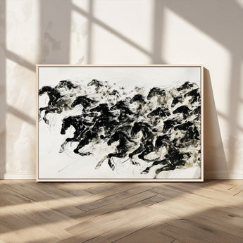 23069-MGV-CV-36X24-Galloping Horses Wall Art – Black Ink Painting on Canvas, Dynamic Equestrian Artwork with Running Stallions, Expressive Modern
