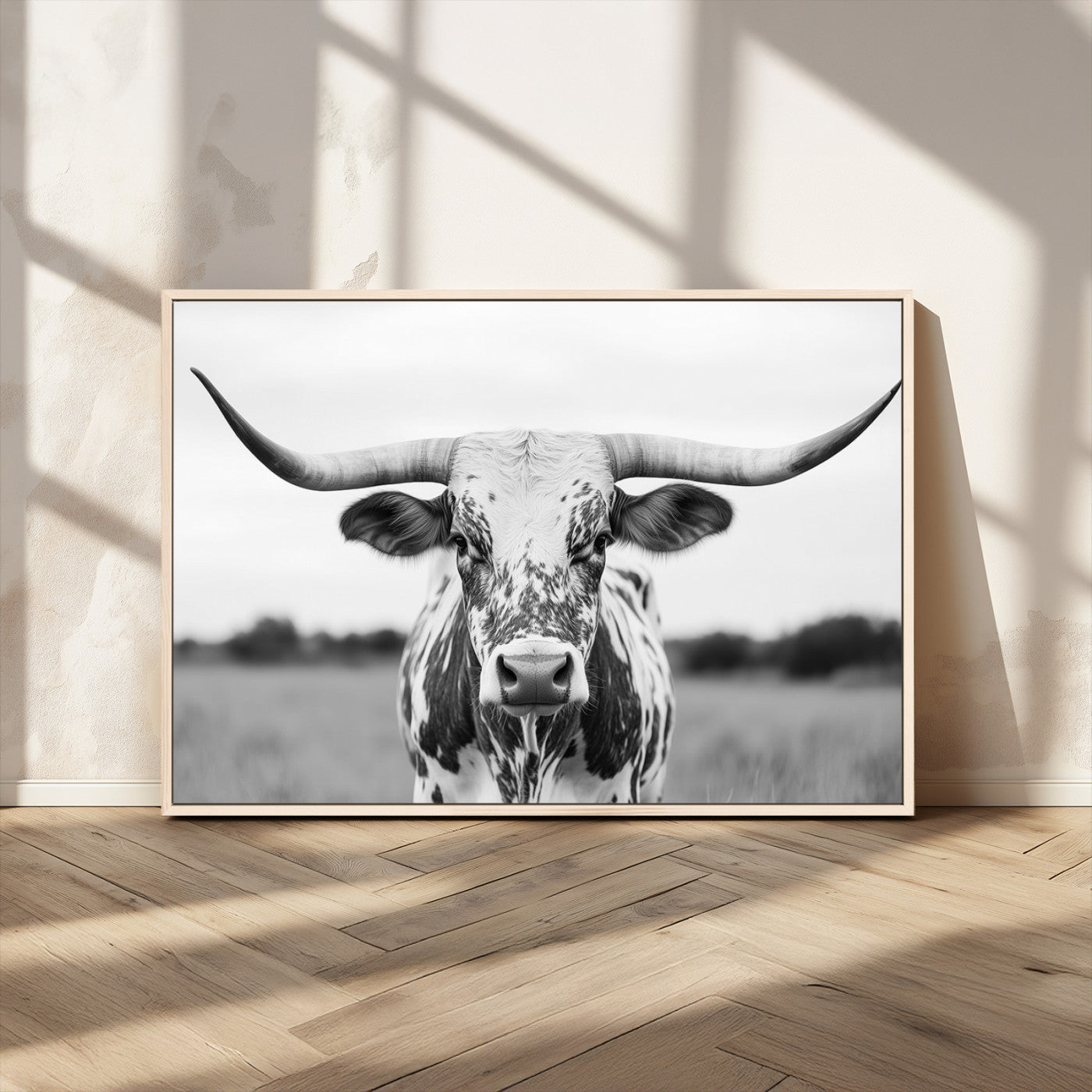 20272-MGV-CV-36X24-Texas Longhorn Wall Art – Black and White Cowboy Western Canvas Print, Rustic Farmhouse Cattle Photography Decor for Ranch, Barn