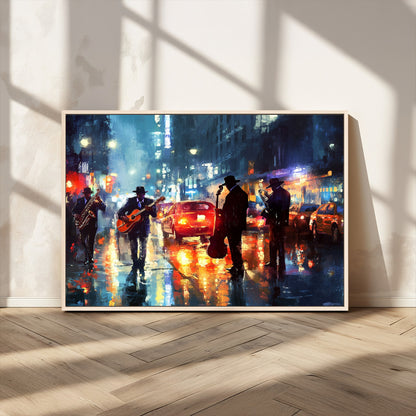 94605-MGV-CV-36X24-City Jazz Night Wall Art – Vibrant Music Canvas Print Featuring Saxophone, Guitar and Bass Players, Urban Street Scene Artwork for