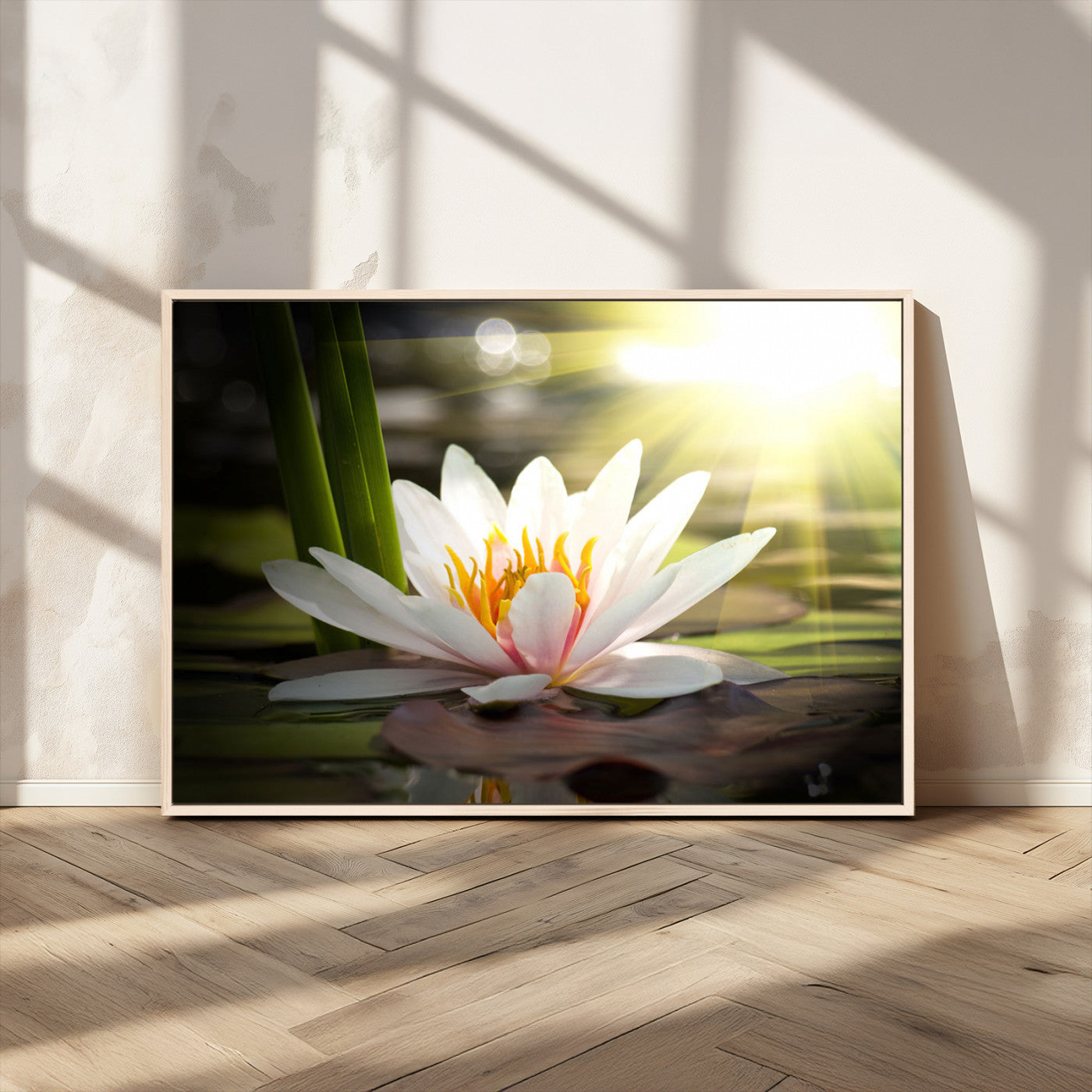 40478-MGV-CV-36X24-Water Lily Wall Art – White Lotus Flower Canvas Print with Sunlight Reflection, Serene Botanical Artwork for Living Room, Bedroom,