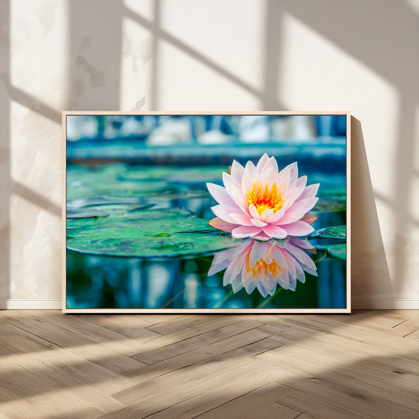 65933-MGV-CV-36X24-Pink Water Lily Wall Art – Lotus Flower Canvas Print with Reflection on Calm Water, Peaceful Botanical Artwork for Living Room,