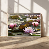 72218-MGV-CV-36X24-Water Lily Pond Wall Art – Pink Lotus Flowers Canvas Print with Green Lily Pads, Peaceful Botanical Artwork for Living Room,