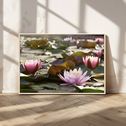 72218-MGV-CV-36X24-Water Lily Pond Wall Art – Pink Lotus Flowers Canvas Print with Green Lily Pads, Peaceful Botanical Artwork for Living Room,