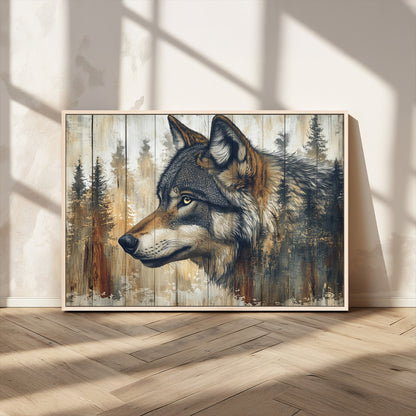 91882-MGV-CV-36X24-Wolf Wall Art – Rustic Canvas Print of Forest Wolf on Wood Background, Wildlife Lodge Artwork for Living Room, Bedroom, Cabin, or
