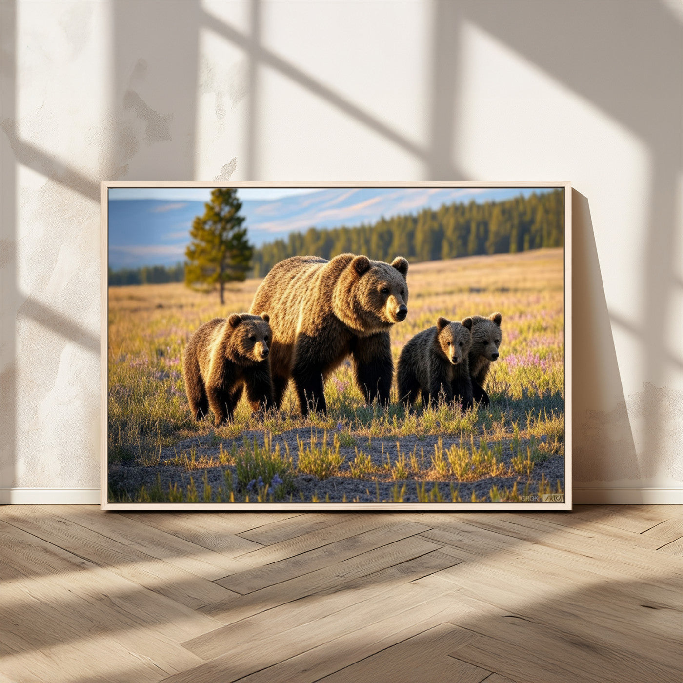 43400-MGV-FC-36X24_Natural-Bear Family Wall Art – Wildlife Canvas Print of Mother Bear with Cubs in Sunlit Meadow, Rustic Animal Artwork for Living Room,