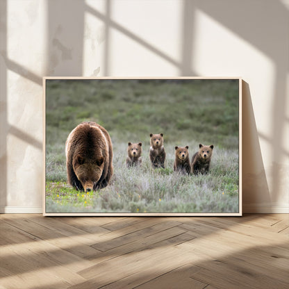 40555-MGV-CV-36X24-Bear Family Wall Art – Wildlife Canvas Print of Mother Bear with Four Cubs in Nature, Rustic Animal Artwork for Living Room,