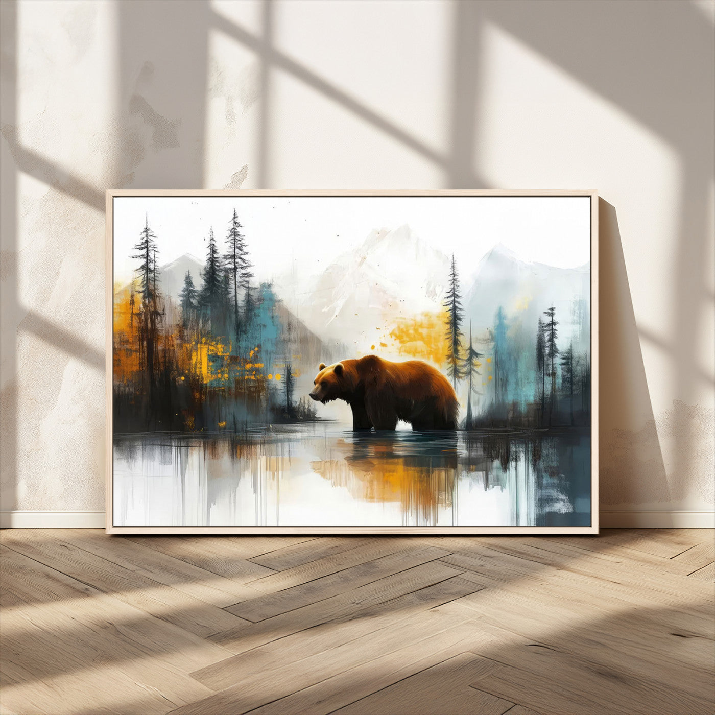 50308-MGV-CV-36X24-Abstract Rustic Bear Wall Art – Forest and Mountain Scene Canvas Print, Nature Artwork for Modern Farmhouse or Log Cabin Decor