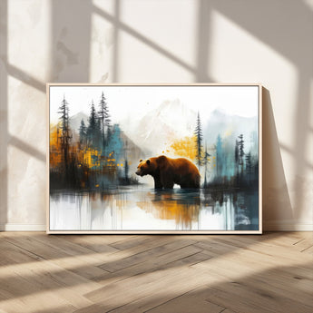 50308-MGV-CV-36X24-Abstract Rustic Bear Wall Art – Forest and Mountain Scene Canvas Print, Nature Artwork for Modern Farmhouse or Log Cabin Decor