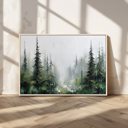 76014-MGV-CV-36X24-Forest Wall Art – Textured Canvas Print Featuring Misty Evergreen Pines and Woodland Landscape, Rustic Nature Artwork for Living