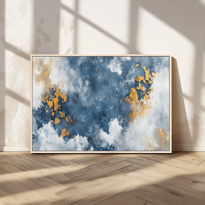 39575-MGV-CV-36X24-Blue and Gold Abstract Wall Art – Modern Canvas Print Featuring Cloudy Textures with Metallic Accents, Contemporary Artwork for