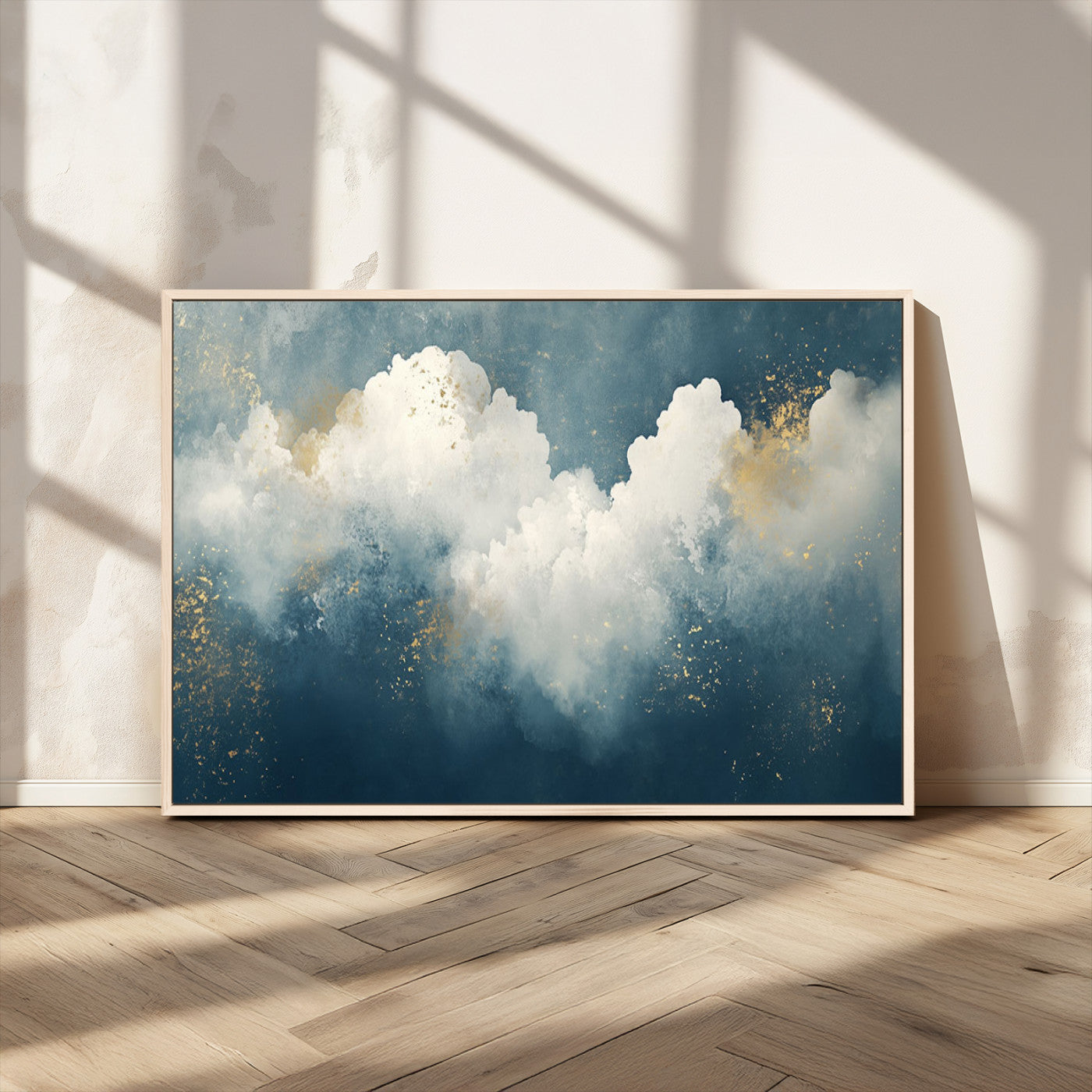 75131-MGV-CV-36X24-Abstract Cloud Wall Art – Modern Canvas Print Featuring Blue and White Clouds with Golden Accents, Contemporary Artwork for Living