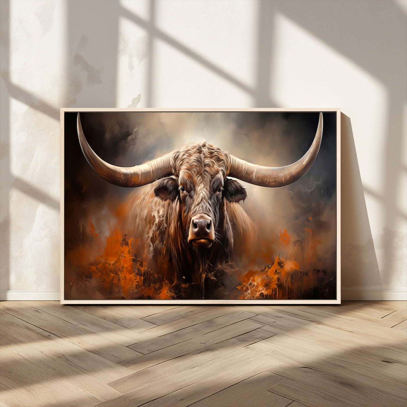 240479-MGV-CV-36X24-Longhorn Bull Wall Art – Dramatic Western Canvas Print Featuring Horned Bull with Fiery Background, Rustic Farmhouse Artwork for